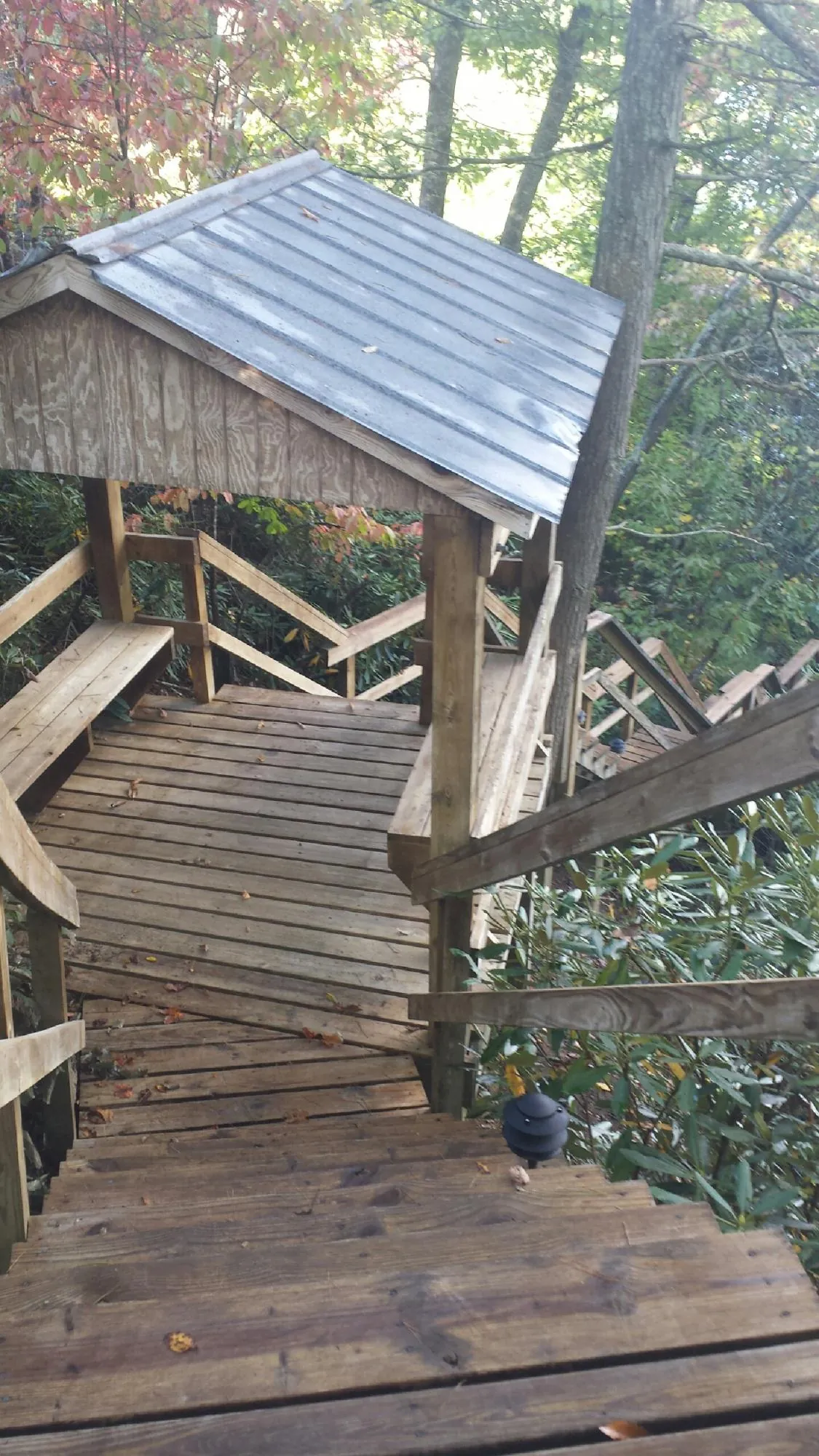 Metal roofed shelter over wooden steps on a wooded walkway — Skylight Repair & Installation work by our crew in Le Sueur